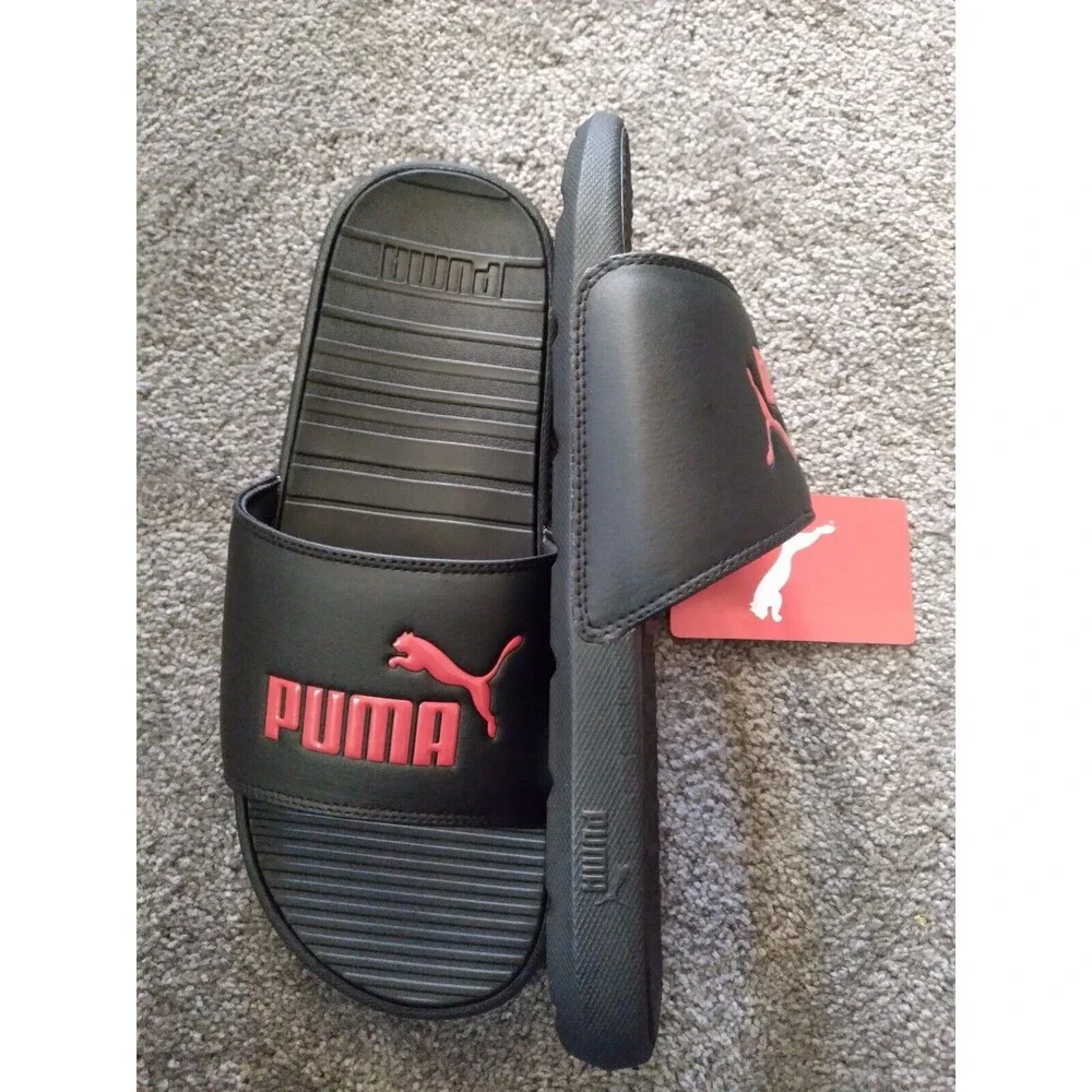 PUMA Cool Cat Slide Sandals for Men Size 12 - Black-High Risk Red